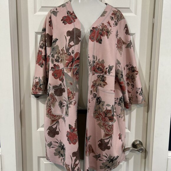 Philosophy Pink Floral Faux Leather Suede Duster Long Jacket Plus Size 1X - Picture 1 of 14